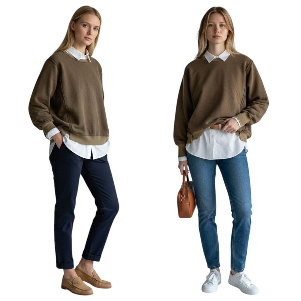 In Loom Relaxed Sweatshirt Exposed Seam Preppy Boho Olive Green Womens S‎ NEW